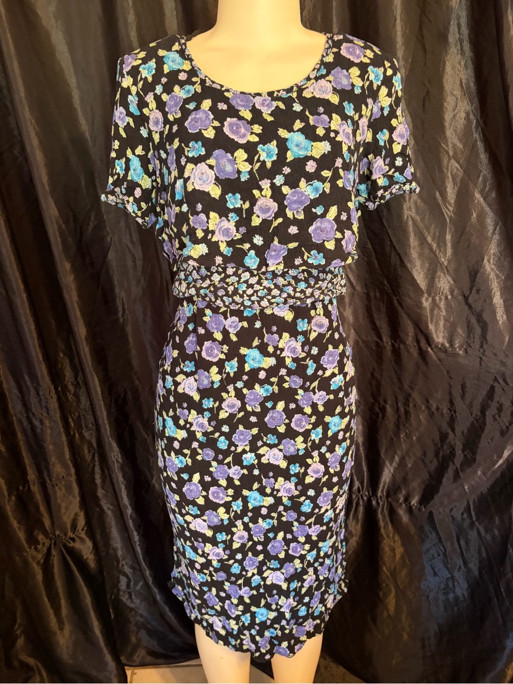 Black Floral Scoop-Neck Midi Dress with Purple & Teal Blooms